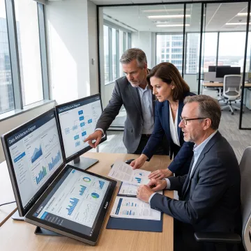 Financial services team reviewing a data strategy dashboard