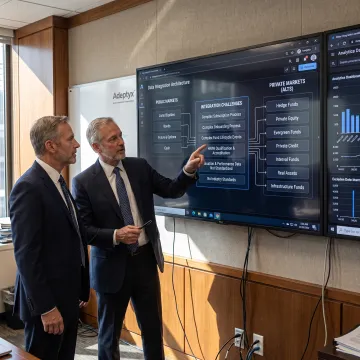 Financial data integration consultants reviewing connected platform architecture