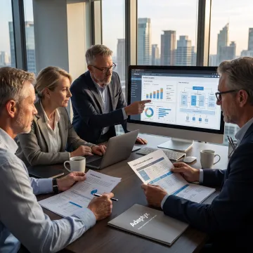 Financial technology consultants reviewing investment platform data