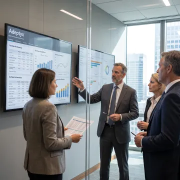 Financial data professionals reviewing analytics dashboards