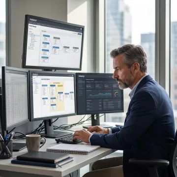 Financial data architect reviewing database analytics