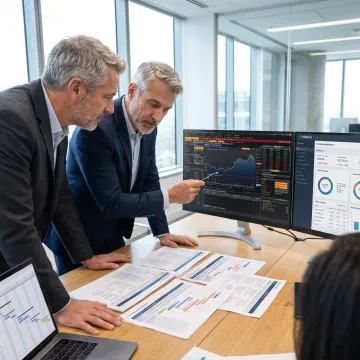 Investment consultants reviewing portfolio technology strategy