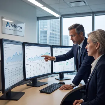 Investment management consultants reviewing portfolio data