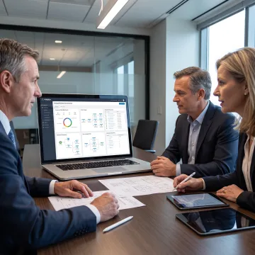 Financial services team reviewing data governance dashboards