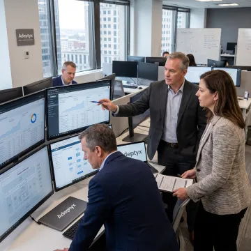 Financial technology consultants reviewing enterprise data