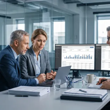 Wealth management consultants reviewing portfolio data