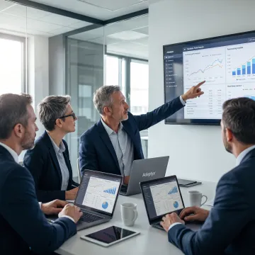 Consultants reviewing financial models and investment data