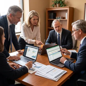 Consultants discussing financial model assumptions