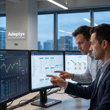 Financial data engineers reviewing analytics dashboards