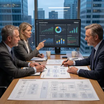 Financial data consultants reviewing analytics dashboards