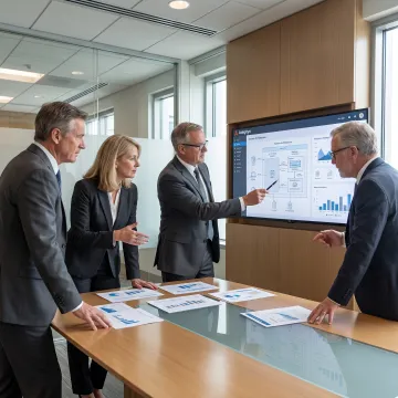 Consultants reviewing financial technology systems
