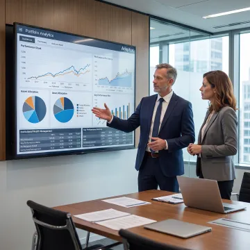 Consultants reviewing an investment data warehouse dashboard