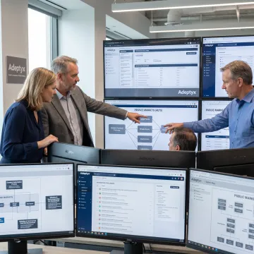 Financial technology team reviewing connected system architecture