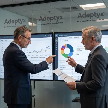 Financial consultants reviewing investment technology data