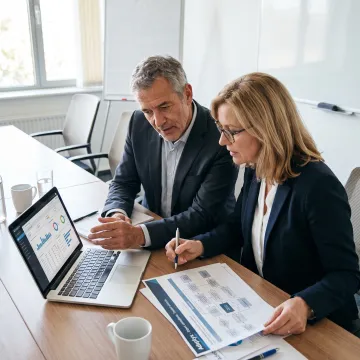Financial consultants reviewing business performance data