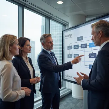 Financial services consultants reviewing a workflow diagram
