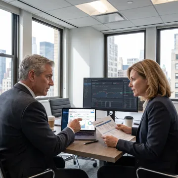 Financial consultants reviewing investment platform data