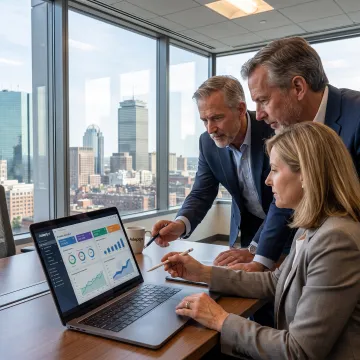 Financial consultants reviewing investment data in Boston