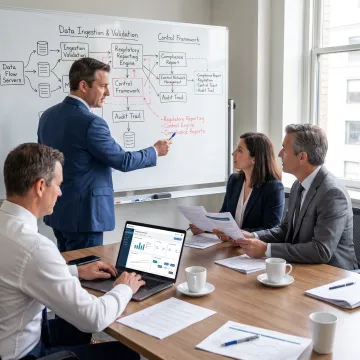 Consultants reviewing compliance reporting workflow