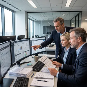 Financial compliance consultants reviewing governance dashboards
