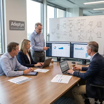 IT consultants reviewing financial technology data