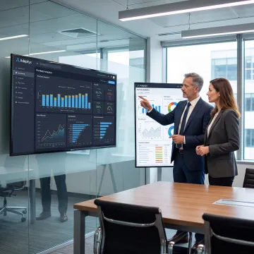 Financial data analytics team reviewing dashboards