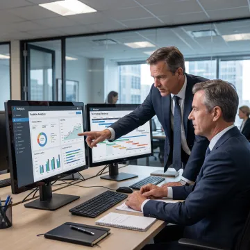 Investment consultants reviewing portfolio data
