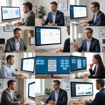 Consultants reviewing financial data dashboards remotely