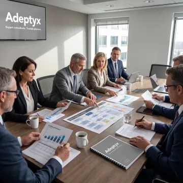 Financial services leaders reviewing a corporate strategy