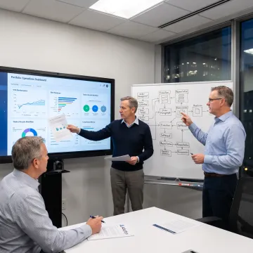 Financial services consultants reviewing investment operations data