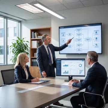 Financial technology consultants reviewing integrated platform architecture