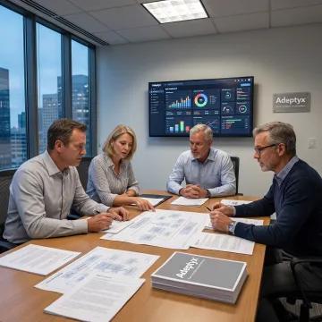 Financial technology consultants reviewing diligence findings
