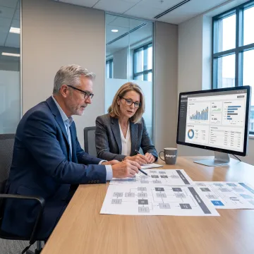 Financial services consultants reviewing workflow data