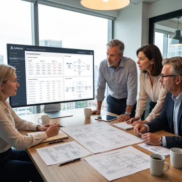Financial technology consultants reviewing platform data