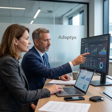 Financial professionals reviewing analytics dashboards