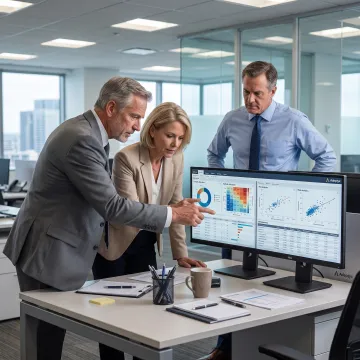 Investment professionals reviewing portfolio analytics