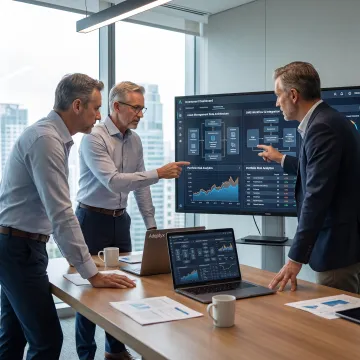 Financial technology consultants reviewing investment platform data