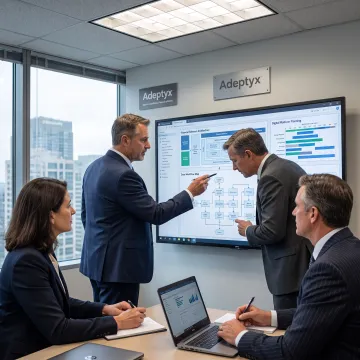 Financial technology team reviewing platform architecture