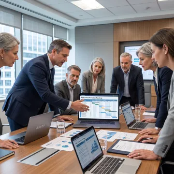 Financial services consultants reviewing a transformation roadmap