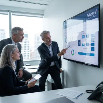 Financial technology consultants reviewing investment data
