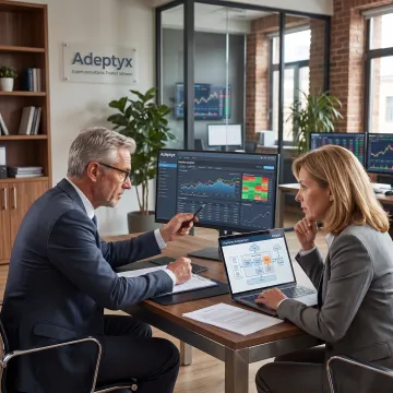 Consultants reviewing an investment platform dashboard