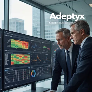 Financial professionals reviewing risk analytics dashboards