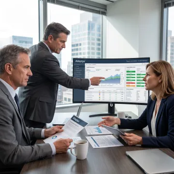Investment technology consultants reviewing portfolio data