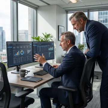 Financial consultants reviewing investment systems data