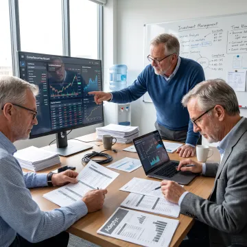 Financial compliance consultants reviewing regulatory data