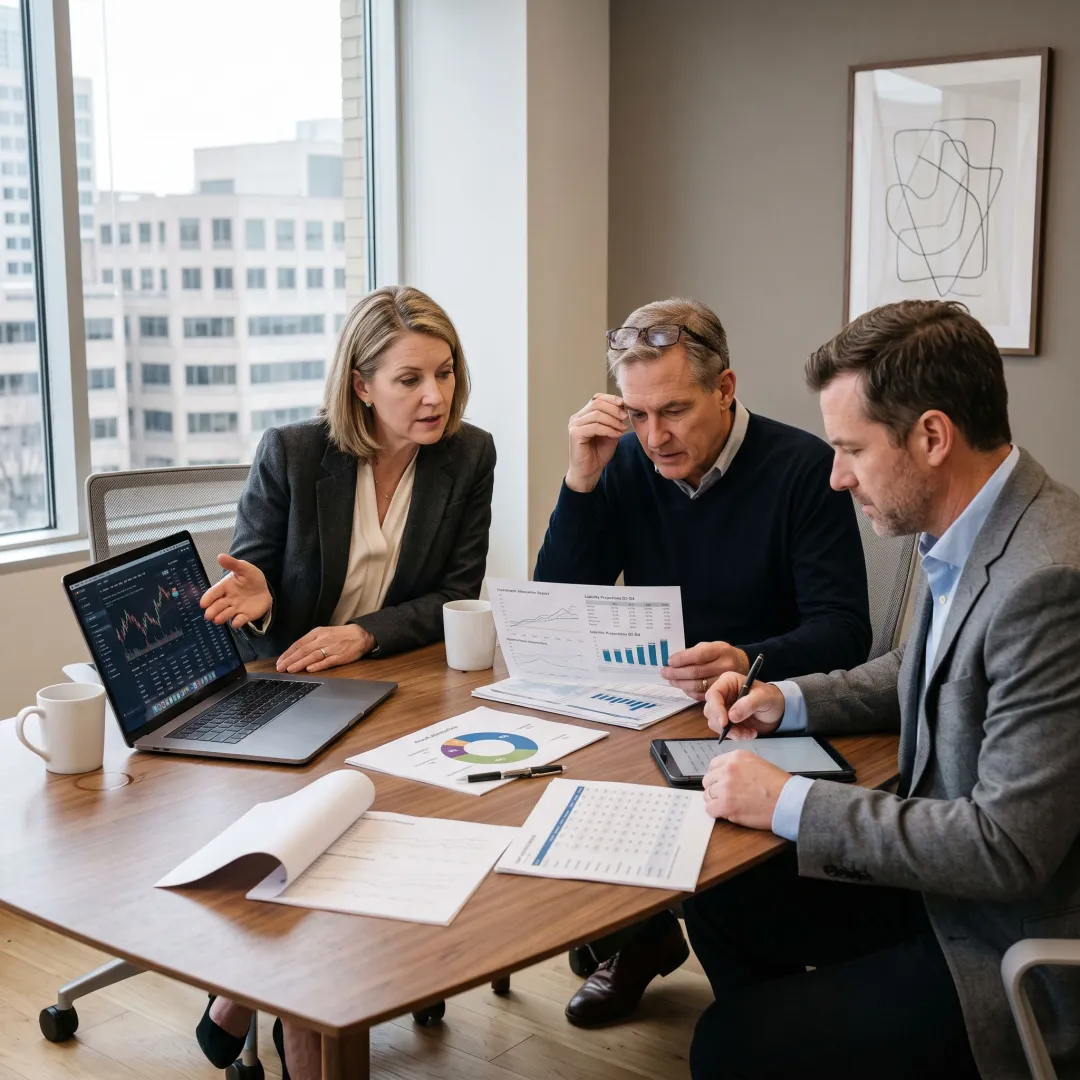 Consultants discussing asset liability management strategy