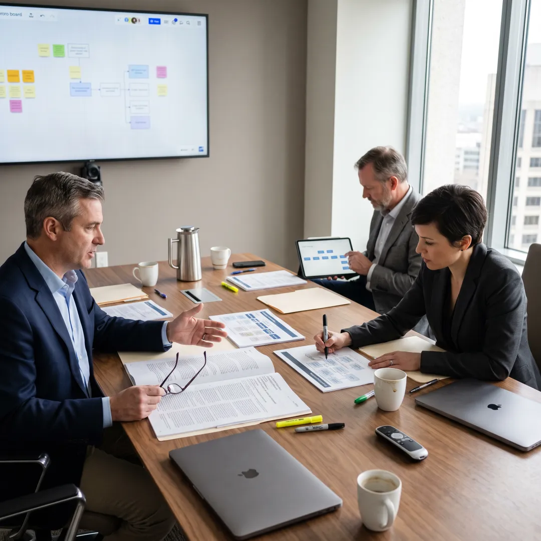 Consultants reviewing compliance reporting workflow