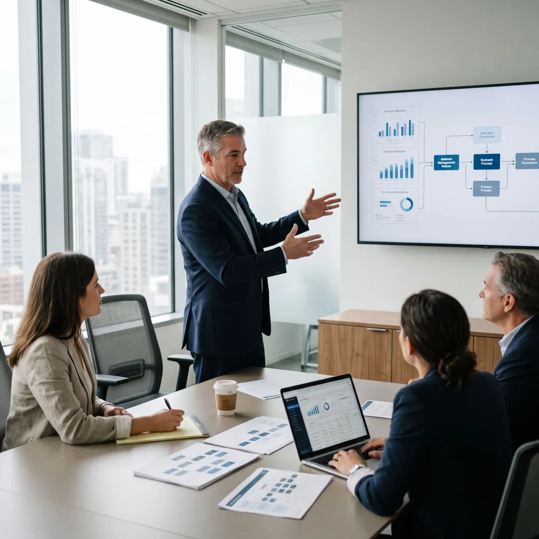 Investment team planning portfolio technology