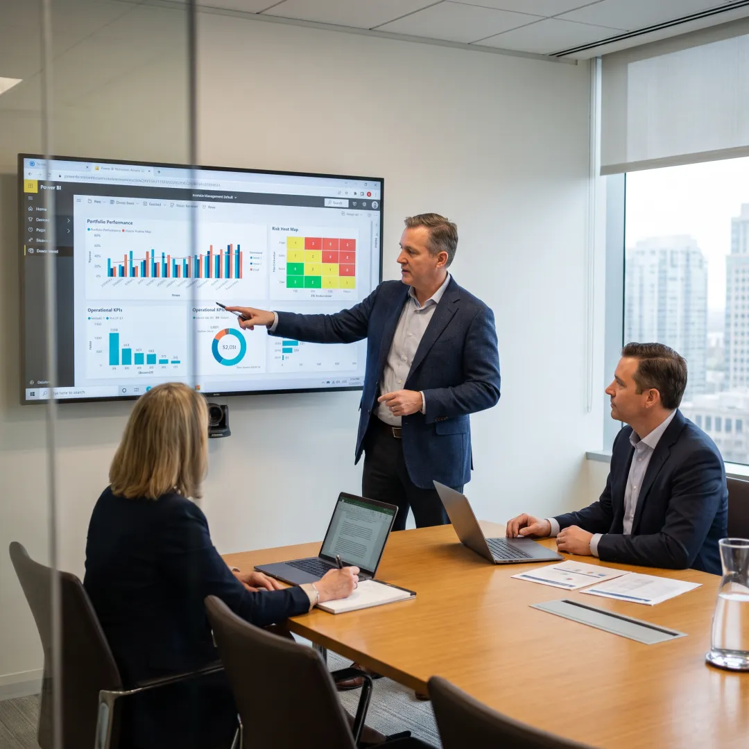 Consultant presenting investment analytics dashboard