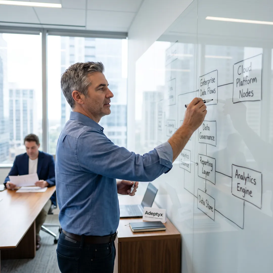 Consultant mapping a financial data architecture